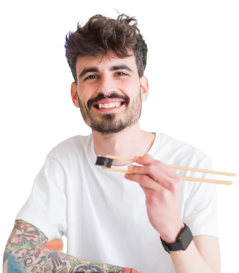 man eating sushi